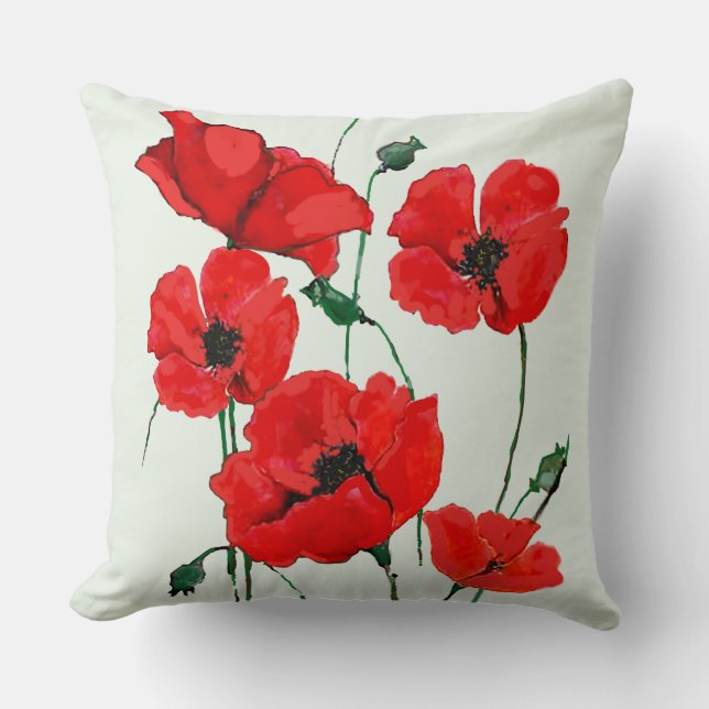 Cojín Decorativo Red Poppies Art con Stems y Buds (Anverso)