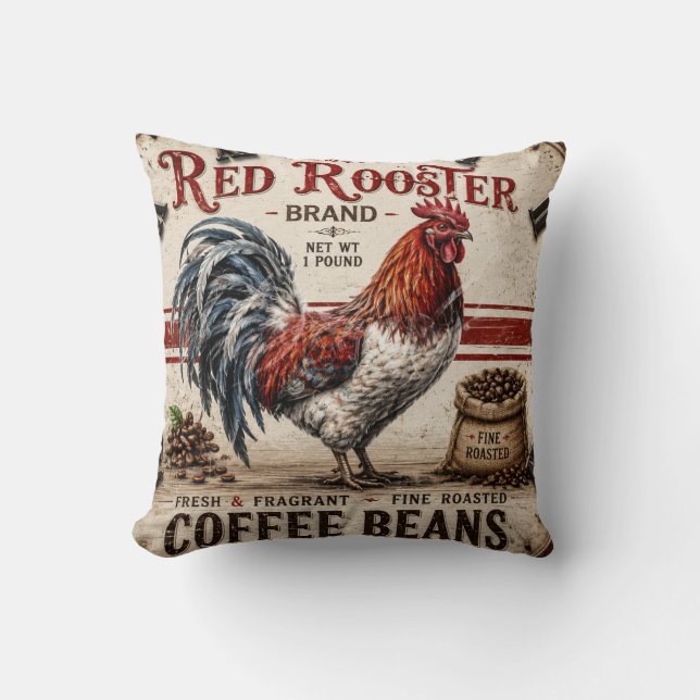 Cojín Decorativo Red Rooster Coffee Beans Rustic Farmhouse (Anverso)
