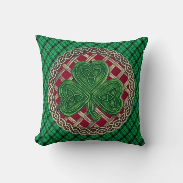Cojín Decorativo Red Shamrock Celtic Knots En Green Plaid (Anverso)