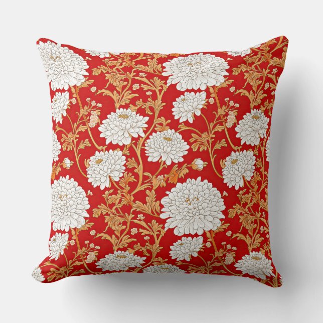 Cojín Decorativo Red White and Gold Japanese Chrysanthemum Floral (Anverso)