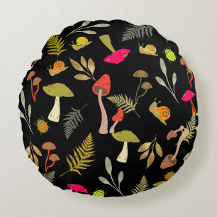 Cojín decorativo redondo botánico de hongo negro