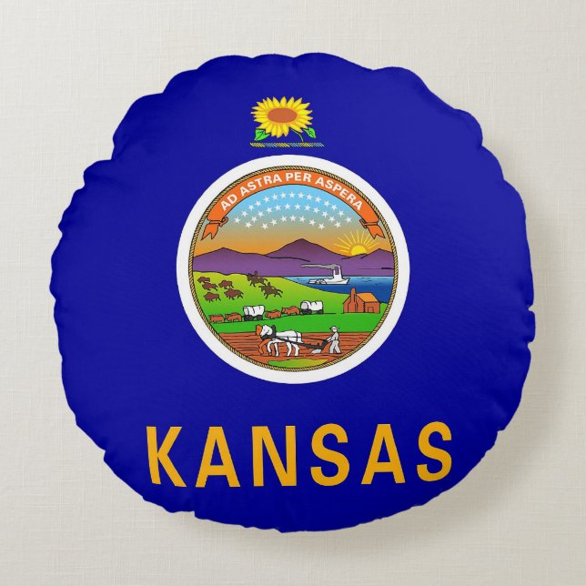 Cojín decorativo redondo con bandera de Kansas, Es (Anverso)
