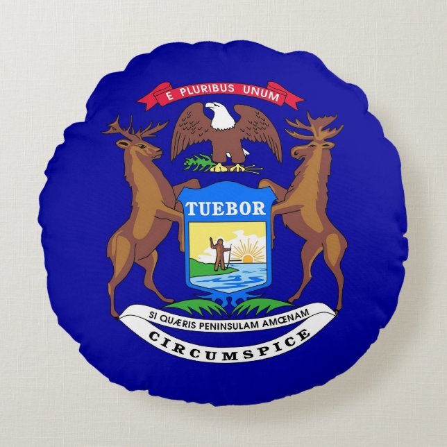 Cojín decorativo redondo con bandera de Michigan,  (Anverso)