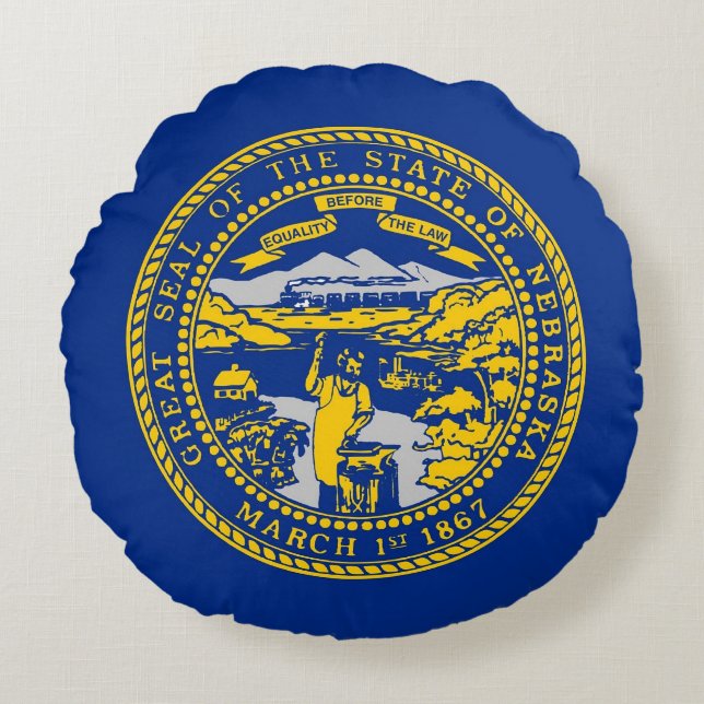 Cojín decorativo redondo con bandera de Nebraska,  (Anverso)