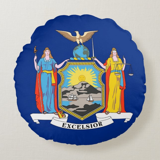 Cojín decorativo redondo con bandera de Nueva York (Anverso)