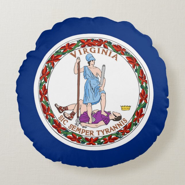 Cojín decorativo redondo con bandera de Virginia,  (Anverso)
