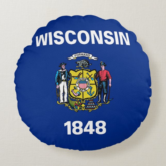 Cojín decorativo redondo con bandera de Wisconsin, (Anverso)