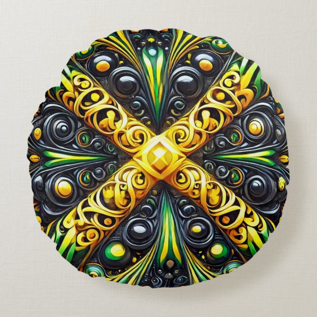 Cojín decorativo redondo con colores jamaiquinos (Anverso)