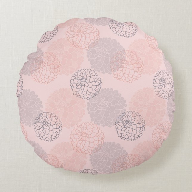 Cojín decorativo redondo Dahlias rosa y azul (Anverso)