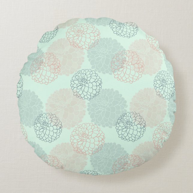 Cojín decorativo redondo Dahlias rosa y azul (Anverso)