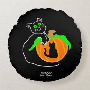 Cojín decorativo redondo de calabaza de gato negro