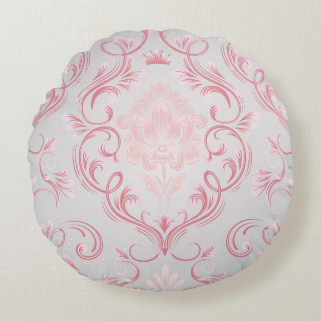 Cojín decorativo redondo de Damasco rosa y gris (Anverso)