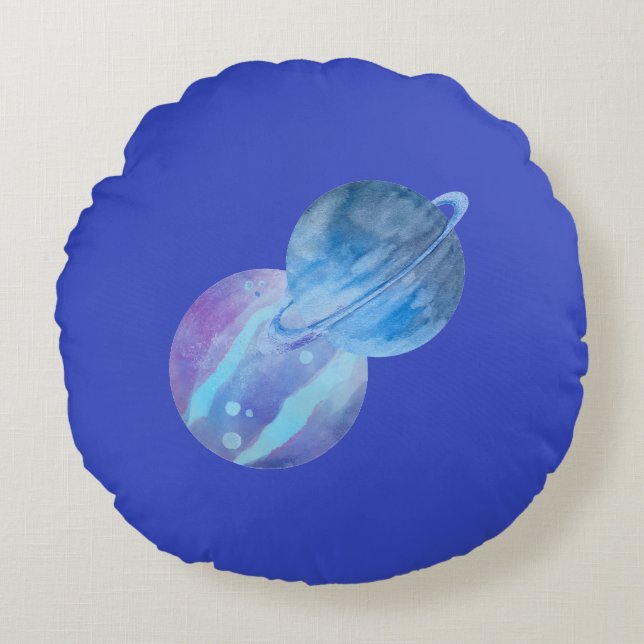 Cojín decorativo redondo de planetas azul violeta (Anverso)