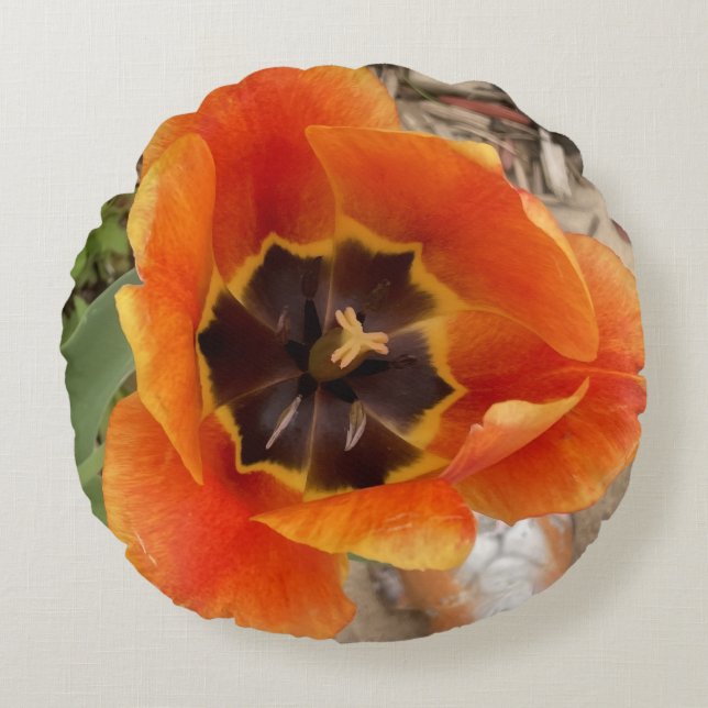 Cojín decorativo redondo floral naranja (Anverso)