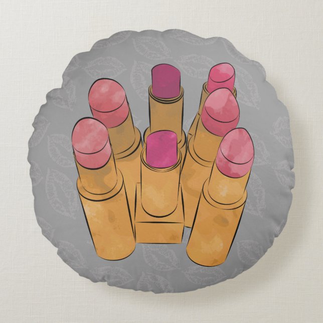 Cojín decorativo redondo gris con lápiz labial de  (Anverso)