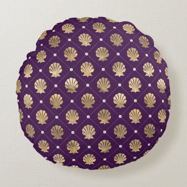 Cojín decorativo redondo Regal Purple y Gold Shell (Anverso)