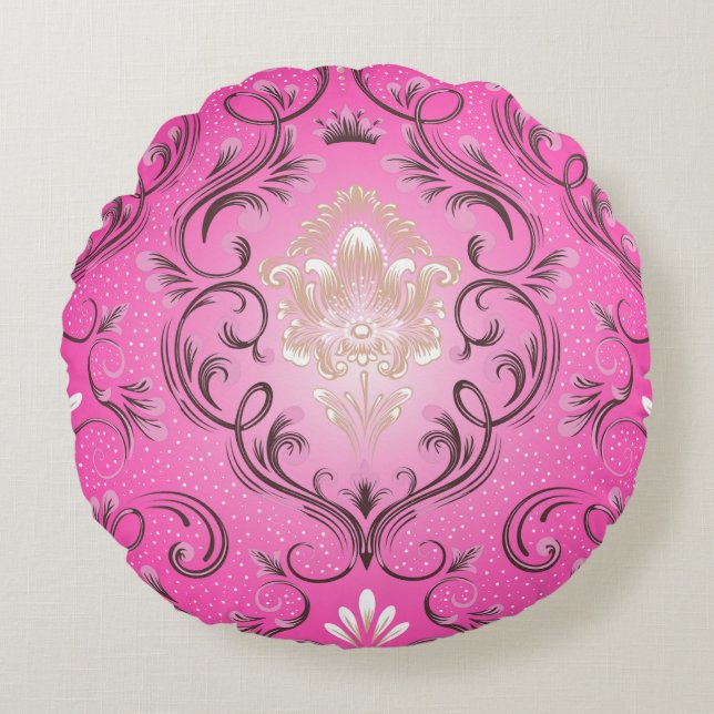 Cojín decorativo redondo rosado Damask (Anverso)