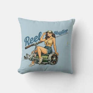 Cojín Decorativo Reel Hustler Retro Pesca Pin-Up Azul Pez Divertido