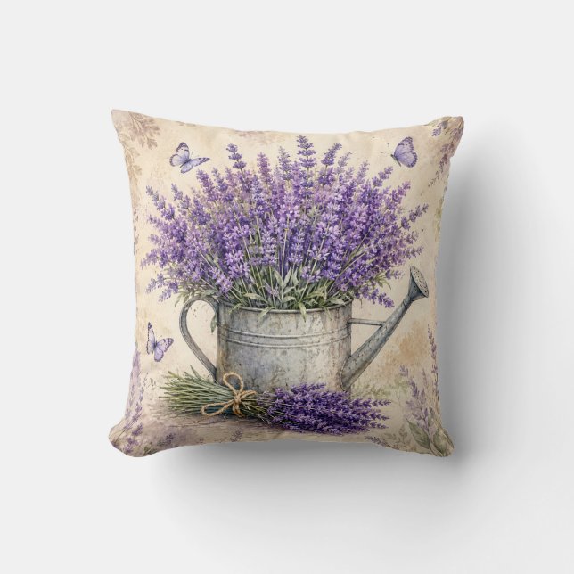 Cojín Decorativo Regadera de lavanda con acuarela rústica  (Anverso)