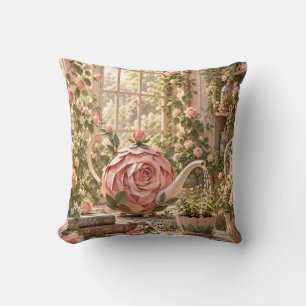 Cojín Decorativo Regadera de Rosa Rosa Jardín Romántico de Cabaña