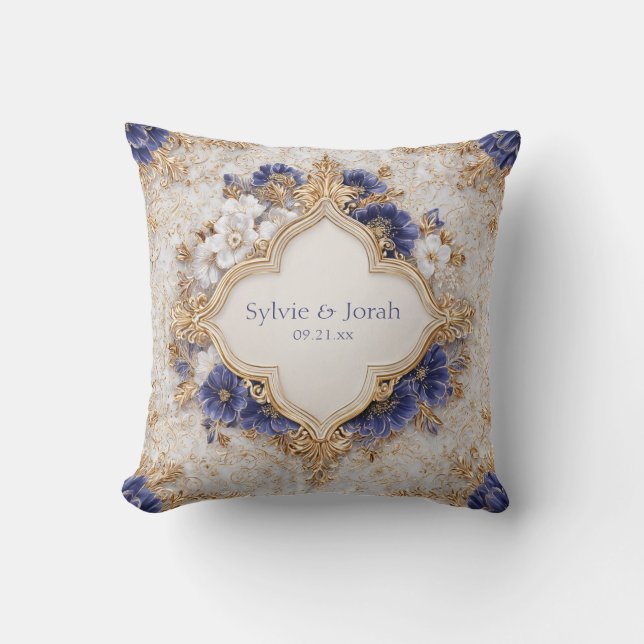 Cojín Decorativo Regal Victoriano Blue and Gold Floral Elegance (Anverso)
