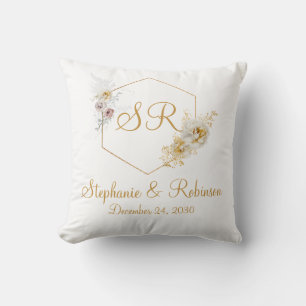 Cojín Decorativo Regalo Boda con logotipo de monograma floral dorad