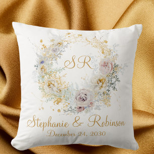 Cojín Decorativo Regalo Boda con logotipo de monograma floral dorad