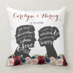 Cojín Decorativo Regalo Boda de prejuicio floral vintage<br><div class="desc">MODERNO MEETS VINTAGE - ¡Idea de regalo perfecta para recién casados! Este bonito cojín presenta una acuarela de color burdeos, marina y rubia, pintada a mano y elegantemente combinada con las siluetas vintage de Elizabeth Bennet y el señor Darcy, dos de los personajes más queridos y icónicos de la literatura...</div>