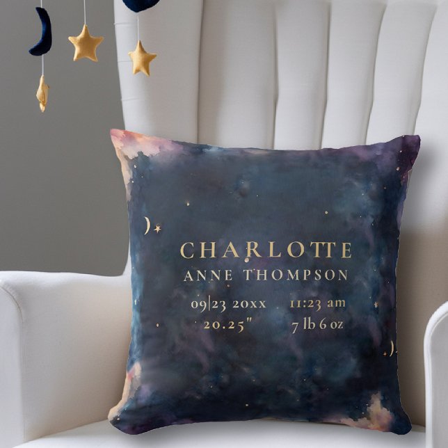 Cojín Decorativo Regalo celeste Nacimientos Estadísticas de natalid (celestial baby birth stats keepsake throw pillow twinkle star moon cosmos galaxy nursery decor)