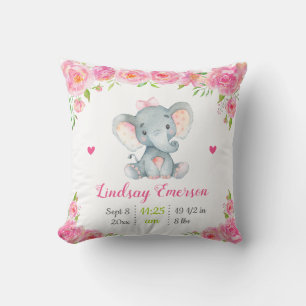 Cojín Decorativo Regalo de baby shower para niña con elefante flora