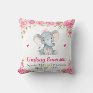 Cojín Decorativo Regalo de baby shower para niña con elefante flora
