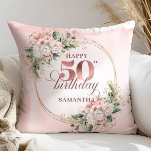 Cojín Decorativo Regalo de cumpleaños número 50 elegante con flores