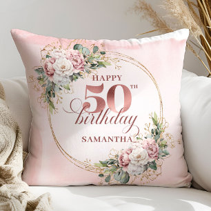Cojín Decorativo Regalo de cumpleaños número 50 Rosa Oro Femenino F