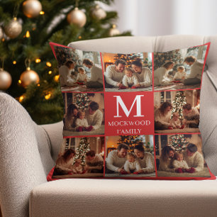 Cojín Decorativo Regalo de familia con fotos múltiples en guión mon