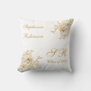 Cojín Decorativo Regalo de Graduación con Monograma Floral Dorado