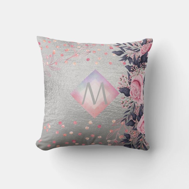 Cojín Decorativo Regalo de la Marina Plata Monograma Rosegold Girly (Anverso)