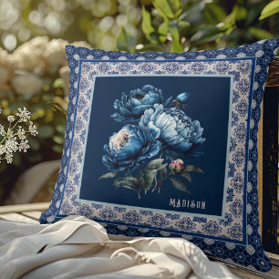Cojín Decorativo Regalo de Monograma Chic Azul Floral Chinoiserie