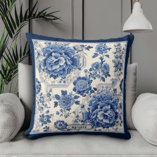 Cojín Decorativo Regalo de Monograma Chinoiserie Floral Azul Chic B