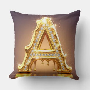 Cojín Decorativo Regalo de Monograma con Diamantes y Letra A de Oro