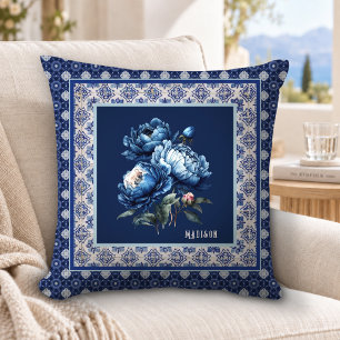 Cojín Decorativo Regalo de monograma floral de chinoisería azul chi