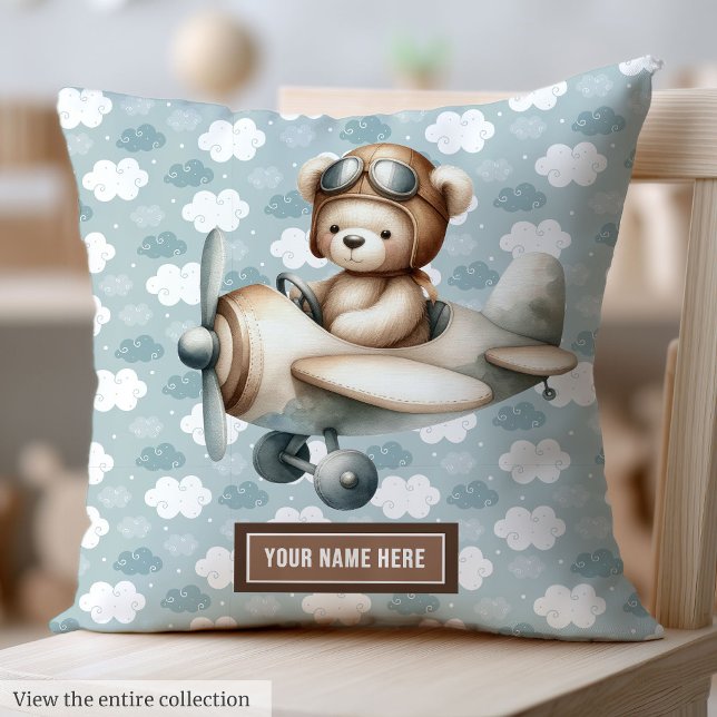 Cojín Decorativo Regalo de niño Personalizado bebé piloto de remoli (Boy Baby Shower Pillow with Teddy Pilot Design)