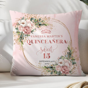 Cojín Decorativo Regalo de Quinceañera de Flor de Oro Rosa
