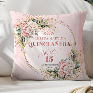 Cojín Decorativo Regalo de Quinceañera de Flor de Oro Rosa