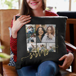 Cojín Decorativo Regalo del collage de fotografías de guión de las<br><div class="desc">Patrón de almohada de almohada moderna de oro negro regalo especial para hermanas con seis fotos personalizados y escritura moderna de caligrafía. Personalízalo con sus imágenes y texto! Tenga en cuenta que el color de fondo puede cambiar. Puede reemplazar el negro con cualquier otro color después de seleccionar la opción...</div>