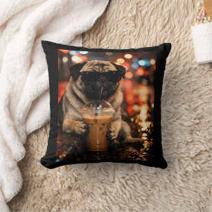 Cojín Decorativo Regalo divertido para amantes de pug que beben caf