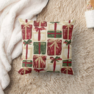 Cojín Decorativo Regalos crema rojos y verdes con lazos