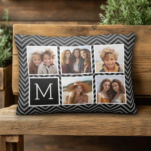 Cojín Decorativo Rejilla de 5 fotos con chevrones negros y monogram