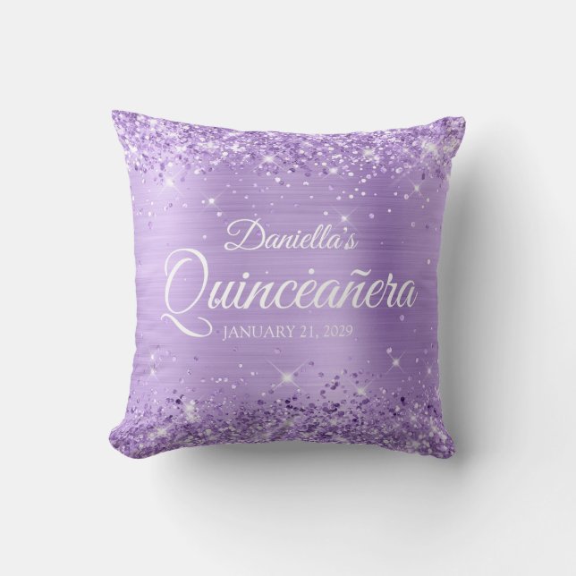 Cojín Decorativo Relieve metalizado de lavanda Purpurinoso Quinceañ (Anverso)