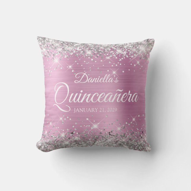 Cojín Decorativo Relieve metalizado rosa claro Purpurina Plateado Q (Anverso)