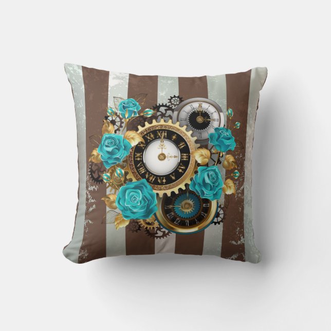 Cojín Decorativo Reloj de vapor y Rosas turquesa a rayas (Anverso)